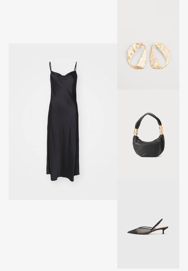 Černé saténové šaty na ramínka s tenkými špagetovými popruhy, hladkým povrchem a přiléhavým živůtkem, které přechází do siluety A-line.; NEOUS IRENA - Klasické lodičky - black; Černá kožená kabelka s kulatým tvarem, měkkou texturou a uzlovou rukojetí se zlatými kovovými detaily. Zapínání na zip.; Pár nepravidelných oválných náušnic z kovu pozlaceného zlatem s texturovaným, mírně kladivkovým povrchem na bílém pozadí.