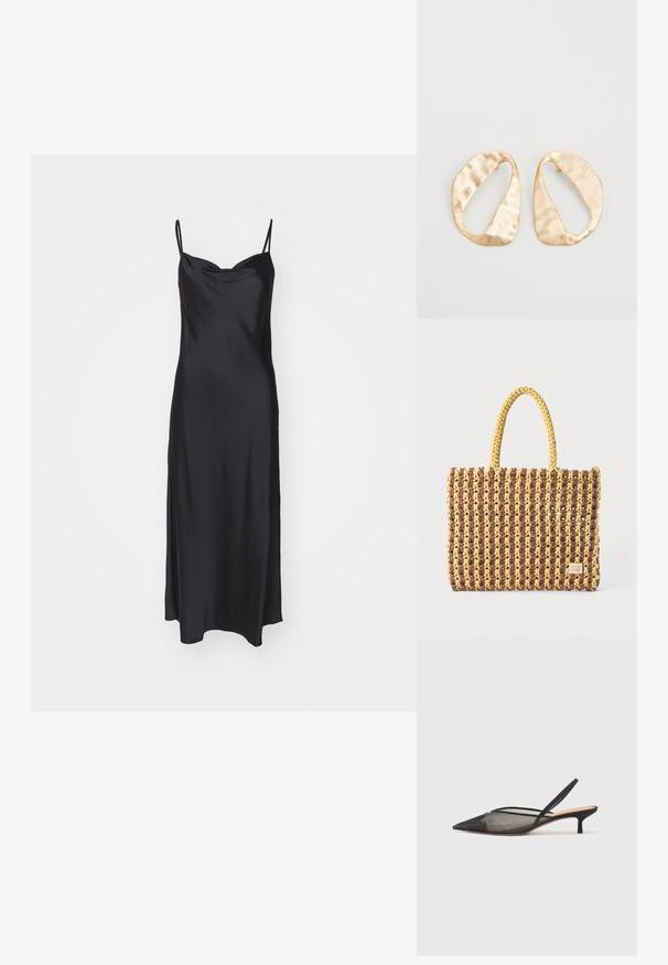 Musta satiininen liukupuku, jossa on ohuet spagettiolkaimet, sileä pinta ja tiukka yläosa, joka virtaa A-linjaiseksi siluetiksi.; NEOUS IRENA - Avokkaat - black; Kudotasku ruskeana ja keltaisena, jossa on suorakulmainen muoto, kaksi kantohihnaa ja teksturoitu pinta, jossa näkyvät ompeleet ja brändilappu.; Pari epämuodostuneita soikeita kultasävyisiä metallikorvakoruja, joissa on teksturoitu, hieman hakattu pinta valkoista taustaa vasten.