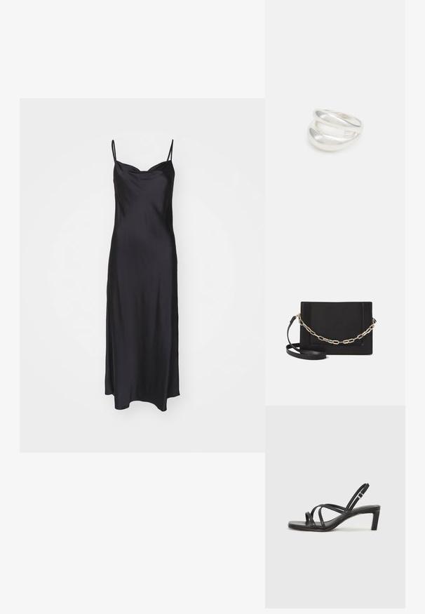 Svart satin slipsklänning med tunna axelband, en mjuk textur och en åtsittande överdel som övergår i en A-linjeformad siluett.; Svart sandaler med remmar och fyrkantig tå samt låg blockklack. Har flera tunna remmar och en justerbar ankelrem. Tillverkad av mjukt läder.; Svart läder crossbody-väska med en slät yta, rektangulär form och metallickedjedetalj på framsidan. Justerbar rem ingår.; Silver ring med dubbel band och en slät, polerad yta. Har en flödande, böjd design med överlappande sektioner för en modern stil.