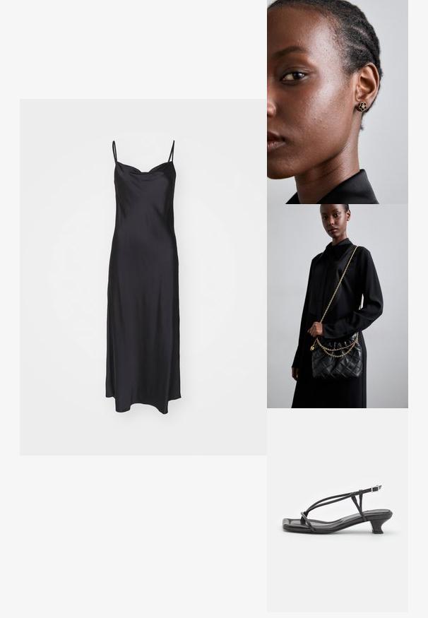 Čierna saténová slip šaty s tenkými ramienkami, hladkou textúrou a priliehavým telom, ktoré prechádza do A-línie siluety.; Čierne kožené sandále s tenkými remienkami, nízkym blokovým opätkom a štvorcovou špičkou. Majú pracku na uzatvorenie a hladký povrch.; Čierna prešívaná kožená kabelka s naťahovacím vrchom, zlatým reťazovým popruhom a obdĺžnikovým tvarom, držaná pred jednoduchým pozadím.; Zlaté kvetinové náušnice s hmotným čiernym stredom a jemnými detailmi. Modelka má na boku viditeľnú čistú pleť a zapletené vlasy.