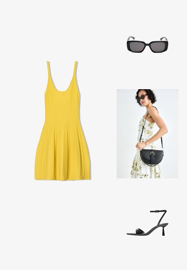 Gul ribbade klänning med tunna band, åtsittande liv och skattad plisserad kjol. Tillverkad av texturerat tyg, har en rundad halsringning.; Bershka Sandaletter - black; Svarta rektangulära solglasögon med mörka linser, slimmad plastbåge och böjda tempel. Designen är kraftig med en minimalistisk estetik.; Svart läderhandväska med en böjd form, avtagbar rem och guldiga detaljer. Väskan har ett lock med en spänndetalj.