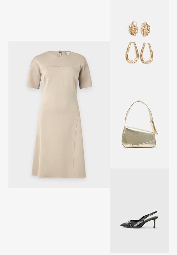 Béžové šaty s krátkým rukávem a kulatým výstřihem, s přiléhavým korzetem, který se na spodním okraji rozšiřuje. Vyrobené z hladkého materiálu se zadním zipem.; Černá lakovaná slingback obuv s špičatou špičkou, kotníkovými pásky s kovovými sponami a příslušenstvím, a štíhlým podpatkem.; Zlatá metalická kabelka se strukturovaným designem, hladkým povrchem a nastavitelným popruhem. Disponuje unikátním trojúhelníkovým tvarem a minimalistickým prošitím.; Náušnice ve zlatém tónu s texturovanými, vlnitými tvary. Obsahují sochařské klipy a design otevřeného kruhu s kladivkovým povrchem.