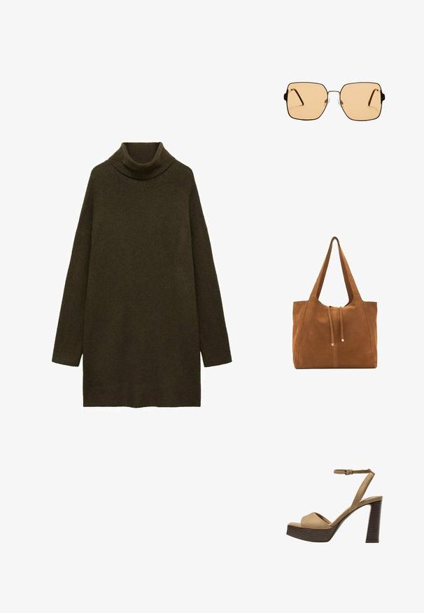 Olivgrüner Rollkragenpullover, hergestellt aus einem weichen, strukturierten Strickmaterial, mit überschnittenen Schultern und einem lockeren, entspannten Schnitt. Keine sichtbaren Muster.; Beige Wildleder-Pumps mit hohem Absatz, breitem Vorderband und Knöchelriemen, ausgestattet mit einem klobigen Holzblockabsatz mit strukturiertem Finish.; Quadratische Sonnenbrillen mit braunen Gläsern und einem dünnen schwarzen Metallrahmen. Verfügt über schräg gestaltete Bügel und verstellbare Nasenpads für zusätzlichen Komfort.; Braune Wildleder-Tasche mit zwei langen Trägern, Zugverschluss und minimalistischem Design. Glatte Textur und keine sichtbaren Hardware-Details.