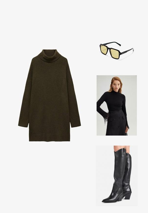 Olivovo zelený rolák, vyrobený z mäkkého, textúrovaného pleteninového materiálu, s padajúcimi ramenami a voľným, uvoľneným strihom. Žiadne viditeľné vzory.; Čierny dlhý rukáv s falošným golierom a pierkovými detailami na manžetách, kombinovaný s čiernou sukňou s vysokým pásom a veľkými gombíkmi.; Čierne kožené čižmy po kolená s špicatou špičkou, zakriveným vývodom a robustným podpätkom. Majú hladkú textúru a pútka na vrchu.; Štvorcové slnečné okuliare s hrubým čiernym rámom, žltými tónovanými šošovkami a vzorovanými zelenými akcentmi na ramenách. Majú lesklý povrch.; Čierna kožená kabelka s prehnutým dizajnom, zlatými kovovými detailmi a horným uchom. Má elegantné zatvorenie a hladký povrch.