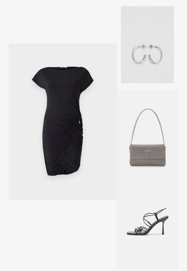 Musta mekko lyhyillä hihoilla, istuva siluetti, rypytetty sivusauma ja sileä, joustava kangas. Korostettu hienovaraisilla varusteilla.; Mustat korkokengät sandaalit, joissa on ohuet hihnat solmittuna, sileä neliön muotoinen varvasosa ja tyylikäs stiletto-korko.; Vaalea harmaa metallinen käsilaukku, jossa on ketjusanka. Laukku on koristeltu pienillä pyöreillä metallikoruilla ja kolmion muotoisella brändilogolla.; Hopehopeet hopehopeet hopehopeet hopehopeet, jolla on sileä, kiiltävä pinta. Pyöreä muoto, kevyt rakenne, jossa on neulakiinnitys.