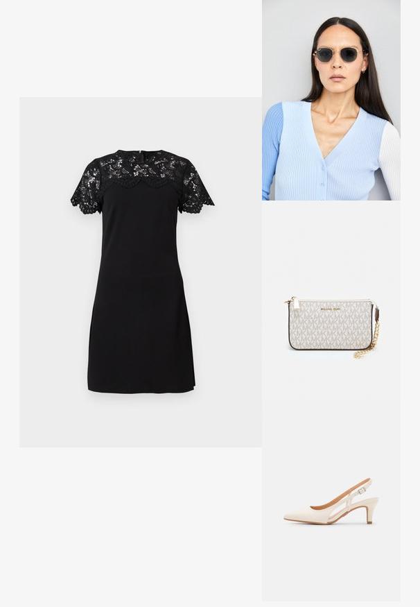 Μαύρο κοντομάνικο φόρεμα με δαντέλα στους ώμους και το άνω μέρος του στήθους, διαθέτει στρογγυλή λαιμόκοψη και φερμουάρ στο πίσω μέρος.; Λευκή γόβα slingback με μυτερή μύτη, λείο υλικό επάνω, χαμηλό τετράγωνο τακούνι και σχέδιο με κοπή στο πλάι με ρυθμιζόμενο λουρί κουμπώματος.; Στρογγυλά γυαλιά ηλίου με σκούρους φακούς και χρυσά σκελετό. Το μοντέλο φοράει ένα ανοιχτό μπλε, ριχτό cardigan με κουμπιά και αντίθετους λευκούς μανίκες.; Πορτοφόλι Michael Kors σε μπεζ επεξεργασμένο καμβά με επαναλαμβανόμενο μοτίβο λογοτύπου MK, χρυσές λεπτομέρειες και αποσπώμενη αλυσίδα.