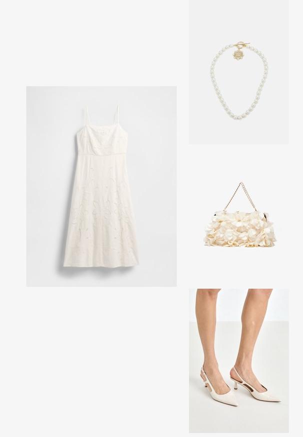 Rochie albă midi fără mâneci, cu bretele subțiri și detalii complicate de broderie florală pe bust și fustă.; Cizme slingback din piele vopsită bej, cu vârf ascuțit și toc de 5 cm, având laterale decupate și o curea subțire la gleznă.; Geantă albă cu flori, cu o suprafață din material adunat, bretea din lanț cu aspect auriu și închidere metalică. Prezintă petale texturate pentru un plus de detaliu.; Lauren Ralph Lauren COLLAR - Colier - gold-coloured/white