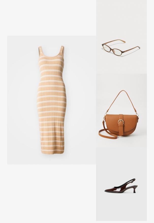 Kötött midi ruha bézs árnyalatban, fehér csíkokkal, amely testhezálló fazonú, ujjatlan és bordázott textúrájú.; Barna lakkbőr slingback cipő hegyes orral és mérsékelt sarkal. Biztonságos illeszkedést biztosító csattal rendelkezik. Sima textúra.; Barna teknős páncélmintás szemüveg, ovális lencsékkel, vékony szárakkal és átlátszó részletekkel. A templomon diszkrét logó található. Elegáns, könnyű dizájn.; Barna bőr keresztbody táska ívelt formával, aranyszínű fémrészekkel és csat díszítéssel. Levehető vállpánttal rendelkezik.