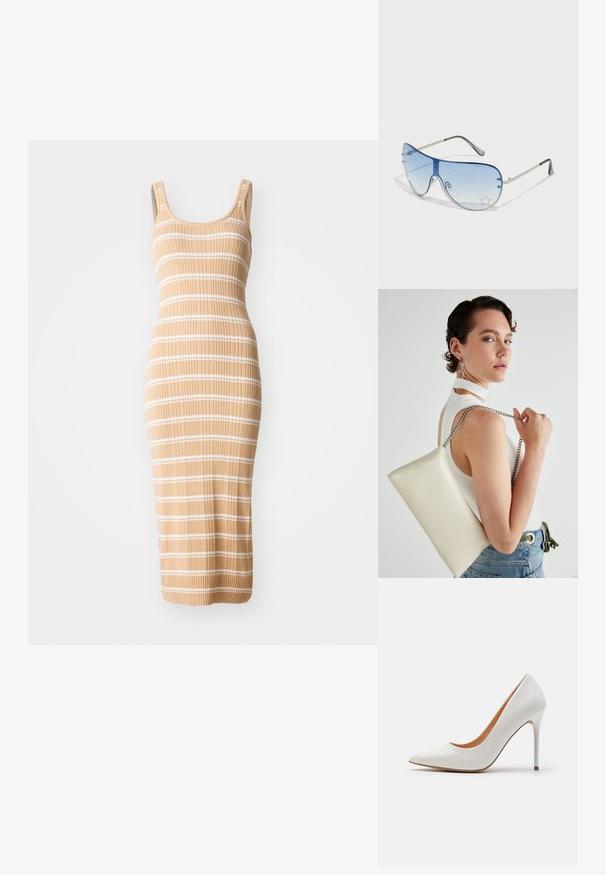 Strikket midi-kjole i en beige tone med hvite striper, med en tettsittende design, ermøyefritt snitt og ribbestrikket tekstur.; Hvit lakkhøyhælte pumpe med spiss tå og slank stiletthæl, med en glatt tekstur og en beige innside.; Pilotbriller med gradient blå linse, sølvfarget metallramme og dekorative stjerneaksenter på linsen. Glatt og stilren design.; Hvit rektangulær clutch-veske laget av blankt materiale, med en sølvkjede-stropp. Modellen poserer og viser vesken mot en ensfarget bakgrunn.