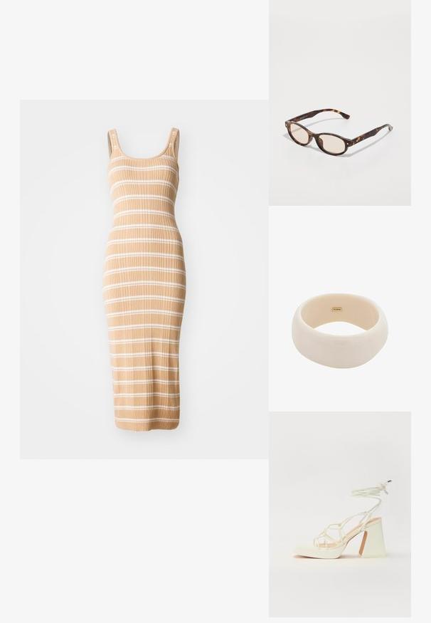 Pletena midi haljina u bež tonu s bijelim prugama, koja ima uski kroj, bez rukava i rebrastu teksturu.; Bijela sandala na visokoj potpetici s debelim petom, s remenom i vezanjem oko gležnja. Glatka tekstura s platformom sprijeda za dodatnu visinu.; Naocale u obliku sunca s kornjačevinom i okruglim oblikom, laganim lećama. Imaju čvrste ručke s malim zlatnim detaljima, izrađene od plastičnog materijala.; Sjajni bež narukvica napravljena od glatke smole. Okrugli oblik s ujednačenom površinom i malim zlatnim logotipom unutar.