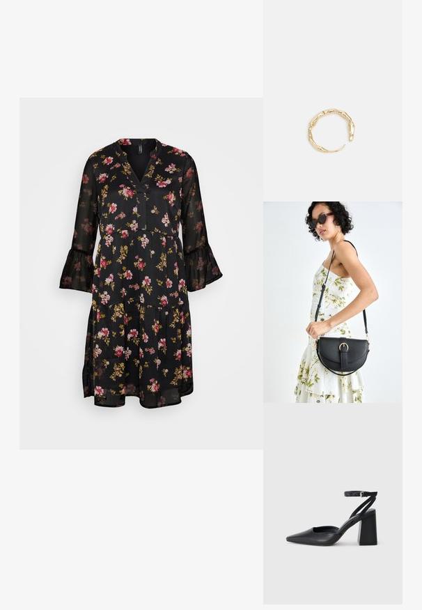 Svart blommig klänning med v-ringning, genomskinligt tyg, volangärmar och ett flerlagersdesign med rosa och gula blommor och gröna blad.; Svart läderpumps med spetsig tå, ankelrem och kraftig klack. Slät textur, stilren design och minimalistisk estetik.; Svart läderhandväska med en böjd form, avtagbar rem och guldiga detaljer. Väskan har ett lock med en spänndetalj.; Ring i guldutförande med en organisk, vriden design, slät yta och avsmalnande ändar, vilket ger ett modernt, skulpturalt utseende.