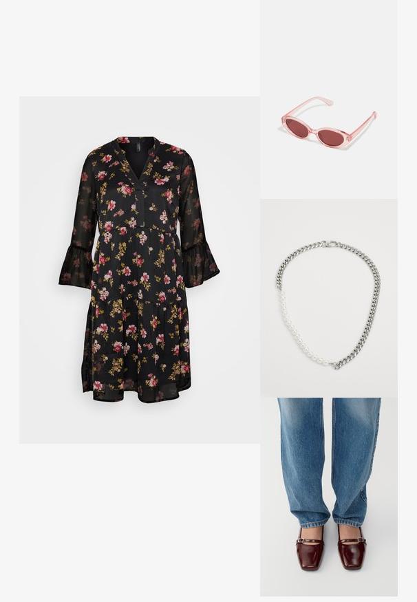 Mustankukkainen mekko, jossa on V-pääkallo, läpinäkyvää kangasta, röyhelöisiä hihoja ja kerrostettu muotoilu, jossa on vaaleanpunaisia ja keltaisia kukkia sekä vihreitä lehtiä.; Burgundy ki patent leather ki jootiyan jinki mukhya ungli ki pehchaan chaar kona hai aur ankle strap hai, halka neela loose-fit jeans ke sath milakar pehena gaya hai. Jootiyon ki chamakdaar finishing hai.; Vaaleanpunaiset läpinäkyvät aurinkolasit, joissa on soikeat linssit, tumma punainen sävy ja hoikat sankarit. Kehyksissä on sileä pinta ja hienovaraista yksityiskohtaisuutta.; Hopeaketju, joka on valmistettu hopeametallista ja jossa on vuorottelevia valkoisia helmiä. Kaulaketjussa on turvallinen lukitusmekanismi ja sileä, kiillotettu pinta.