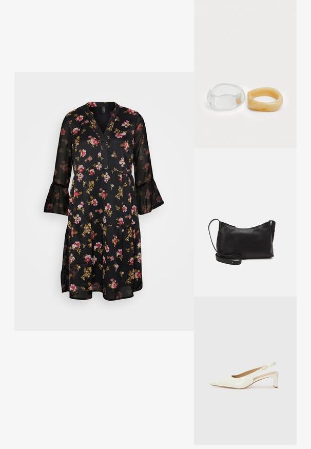 Fekete virágmintás ruha V-kivágással, áttetsző anyagból, fodros ujjakkal és réteges kialakítással, rózsaszín és sárga virágokkal valamint zöld levelekkel.; Fehér lakkbőr slingback cipő, hegyes orral és alacsony blokk sarkal. Finom pánttal rendelkezik, arany színű csattal.; Fekete bőr válltáska sima felülettel, ívelt formával, állítható pánttal és cipzáras záródással. Minimalista dizájn díszítmények nélkül.; Tiszta és borostyán színű gyanta gyűrűk, az egyik sima és átlátszó, a másik texturált, borostyán bevonattal rendelkezik. Mindkettő kerek, tömör formatervezésű.