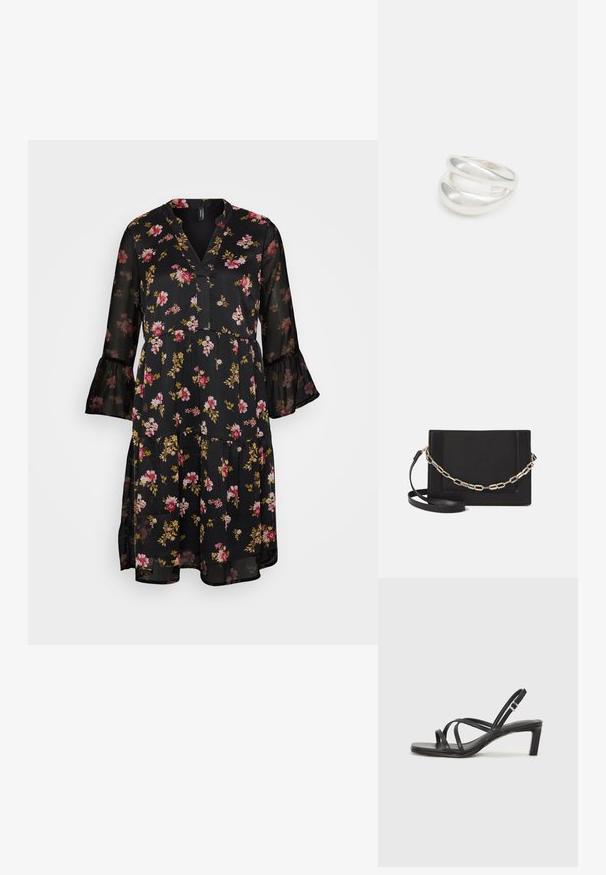 Mustankukkainen mekko, jossa on V-pääkallo, läpinäkyvää kangasta, röyhelöisiä hihoja ja kerrostettu muotoilu, jossa on vaaleanpunaisia ja keltaisia kukkia sekä vihreitä lehtiä.; Mustat hihnalligat, joissa on neliön muotoinen kärki ja matala lohkokorko. Ominaisuuksiin kuuluu useita ohuita hihnoja ja säädettävä nilkkahihna. Valmistettu sileästä nahasta.; Musta nahkainen olkalaukku, jossa on sileä pinta, suorakulmainen muoto ja metalliketju yksityiskohtana edessä. Mukana säädettävä hihna.; Hopeinen kaksinkertainen rengas, jossa on sileä, kiillotettu pinta. Siinä on sulava, kaareva muotoilu, jossa on päällekkäisiä osia modernin ilmeen saavuttamiseksi.