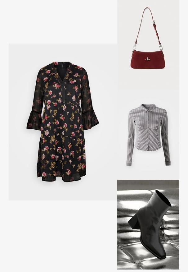 Crna cvjetna haljina s V-izrezom, prozirnom tkaninom, volanastim rukavima i slojevitom izradom, ukrašena ružičastim i žutim cvjetovima te zelenim lišćem.; Siva košulja dugih rukava s vertikalnim bijelim prugama, ovratnik i prednji patentni zatvarač. Ima prilagođen dizajn i zakrivljeni donji rub.; Crni gležnjača napravljena od sjajnog materijala sa četvrtastim vrhom i suženom petom, postavljena protiv srebrne sjajne pozadine sa nabranim uzorkom.; Crvena suede torba preko ramena s zakrivljenim oblikom. Ima srebrni naglasak i podesivu traku s detaljima od hardvera. Glatka tekstura.
