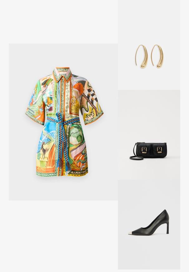 Cămașă colorată cu mânecă scurtă, având modele mixte, guler și curea. Materialele par ușoare, cu grafice și accente variate.; Pantof cu toc înalt din piele neagră, cu vârf ascuțit și un capac metalic argintiu. Are un finisaj neted și un toc subțire de 10 cm.; Geantă neagră din piele, tip crossbody, cu două buzunare frontale, catarame aurii, închidere cu fermoar și o curea subțire. Suprafață texturată și formă rectangulară compactă.; Cercei din metal auriu, cu un design curbat și alungit. Au o suprafață netedă și strălucitoare, cu un vârf rotunjit pentru un detaliu suplimentar.