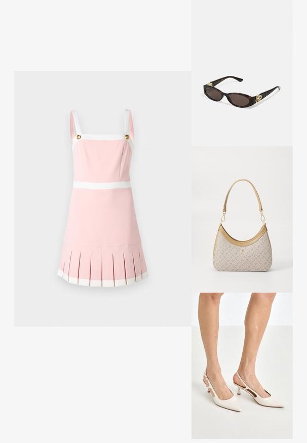 Abito rosa con scollo quadrato, spalline bianche e bottoni dorati. Presenta un orlo plissettato e bande bianche a contrasto in vita e sul fondo.; Tacchi slingback in pelle lucida beige con punta affusolata e tacco di 5 cm, caratterizzati da lati traforati e una sottile fascia alla caviglia.; Occhiali da sole tartarugati con lenti ovali allungate, tonalità marrone, accenti dorati con logo sulle tempie e aste nere eleganti.; Borsa a tracolla beige con un motivo stampato, forma curvata, dettagli in pelle e un logo dorato sul davanti. Presenta una maniglia corta per un facile trasporto.