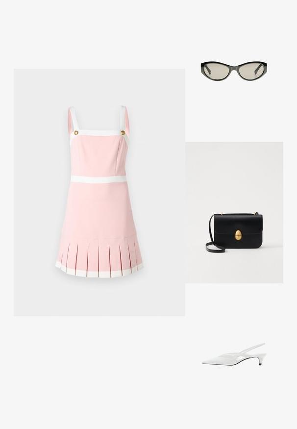 Růžové šaty se čtvercovým výstřihem, bílými ramínky a zlatými knoflíky. Mají plisovaný lem a bílé akcentní pásky v pase a dole.; Bílé slingback podpatky se špičatou špičkou, s hladkým svrškem, jemnými výřezy a nízkým blokovým podpatkem. Černá podrážka zvýrazňuje design.; Černé sluneční brýle ve stylu "kočičí oči" se šedými zabarvenými skly. Plastový rám má ostré hrany a hladký, lesklý povrch.; Černá kožená kabelka se strukturovaným obdélníkovým tvarem. Obsahuje zlatou oválnou sponu a tenký ramenní popruh. Hladký povrch.