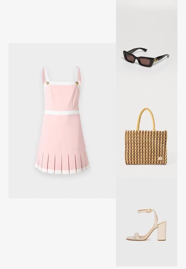 Roza obleka s kvadratnim izrezom, belimi naramnicami in zlatimi gumbi. Ima nagubano dno ter bele pasove kot poudarek na pasu in dnu.; Bež visoke sandale s kvadratnim nosom, tankim trakicama okoli gležnja in blok peto. Gladka usnjena tekstura s podrobnostjo v zlati barvi.; Črne želvje sončne očala s pravokotnimi lečami, rjavim odtenkom, debelim okvirjem in zlatim dvojnega G logotipom na obročku.; Tkanina torba v rjavi in rumeni barvi, ki ima pravokotno obliko, dve ročaji in teksturirano površino z vidnimi šivi ter oznako blagovne znamke.