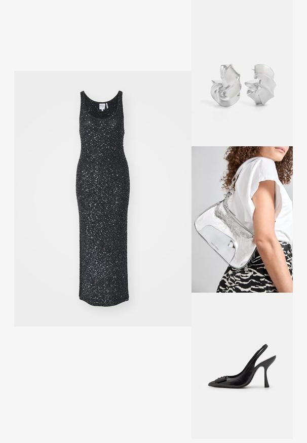 Melnā bezpiedurkņu maksi kleita, kas izgatavota no strukturētas auduma ar spīduma efektu, ar noapaļotu kakla izgriezumu un pieguļošu siluetu.; Melnas ādas sārta kurpes ar smailu purngalu, šauru augstu papēdi un dekoratīvu loku akcentu. Gluda tekstūra un elegants dizains.; Sudrabaini metāla plecu soma ar gludu tekstūru, izliekta dizaina, ķēdes siksnu un pulētu priekšējo paneli ar smalku logotipa gravējumu.; Sudeļi ar plūstošu spirālveida dizainu. Gluda tekstūra ar pulētu apdari. Iezīmējas ar maigu spīdumu un nav redzamu rotājumu.