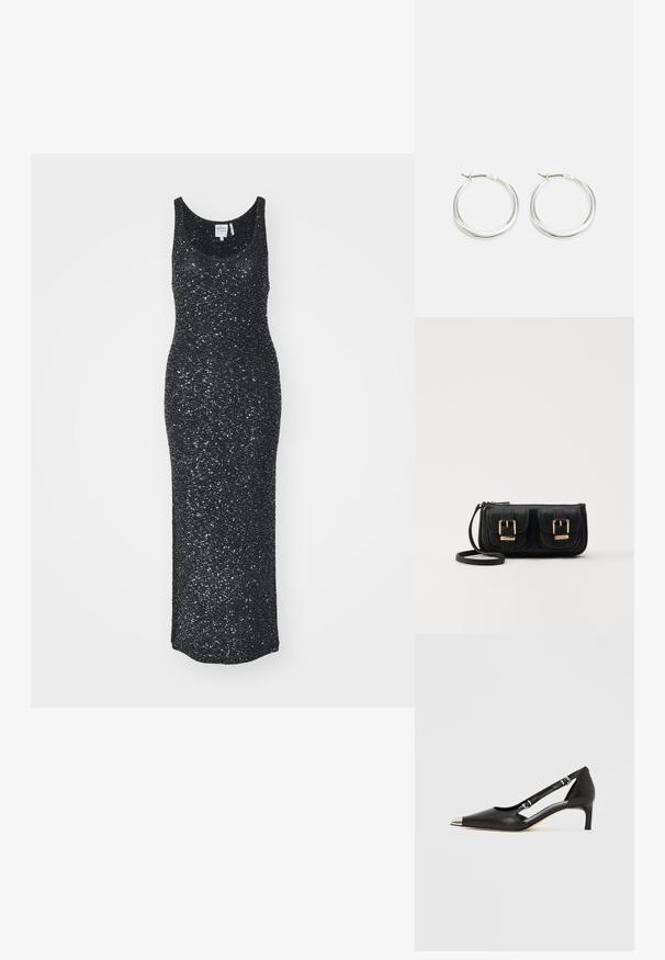 Black sleeveless maxi dress made of textured fabric with a shimmer effect, featuring a rounded neckline and form-fitting silhouette.; Black leather kitten heel with pointed silver toe cap and dual buckle straps on a white background.; Black leather crossbody bag with two front pockets, gold buckles, zipper closure, and a slim strap. Textured surface and compact rectangular shape.; Silver hoop earrings feature a smooth, rounded design with a thin profile and secure clasp. Minimalistic style with a polished finish.