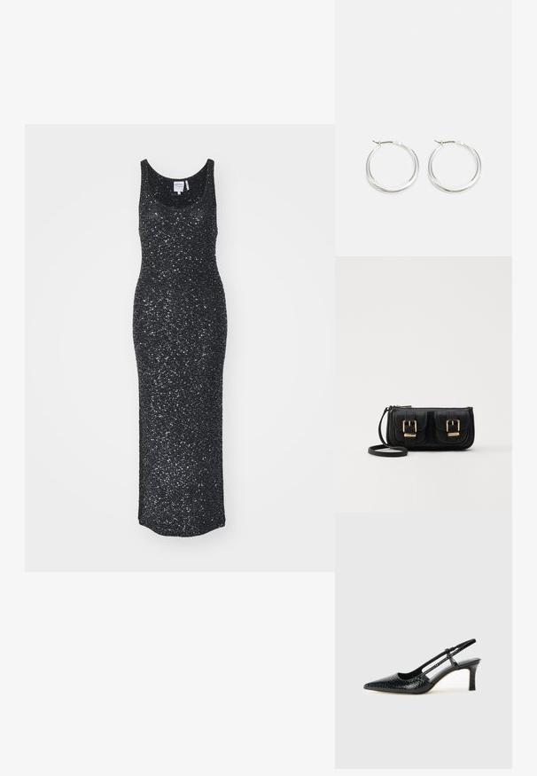 Une robe maxi sans manches noire en tissu texturé avec un effet scintillant, dotée d'un col rond et d'une silhouette moulante.; Escarpin slingback en vernis noir avec un bout pointu, présentant un imprimé serpent texturé, une sangle réglable et un petit talon bloc texturé.; Sac en cuir noir porté en travers avec deux poches avant, boucles dorées, fermeture zippée et une sangle fine. Surface texturée et forme rectangulaire compacte.; Les boucles d'oreilles en argent en forme de créole présentent un design lisse et arrondi avec un profil fin et un fermoir sécurisé. Style minimaliste avec une finition polie.