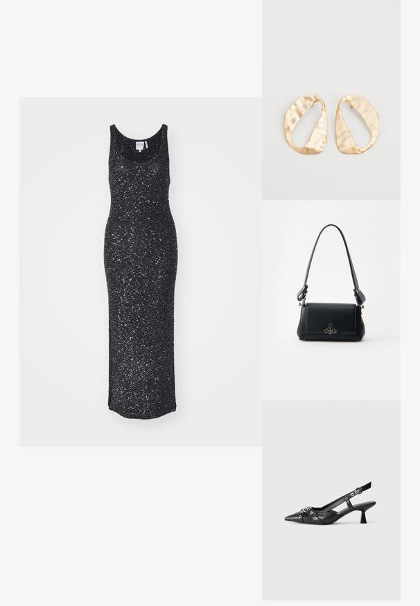 Černé bezramínkové maxi šaty vyrobené ze strukturované tkaniny s lesklým efektem, s kulatým výstřihem a přiléhavým střihem.; Černé kožené slingback boty s špičatou špičkou, dekorativními pásky s kovovými očky a nízkým blokovým podpatkem. Texturovaný povrch.; Černá kožená kabelka s texturovaným povrchem, obdélníkovým tvarem, nastavitelným popruhem a kovovým logem na přední straně.; Pár nepravidelných oválných náušnic z kovu pozlaceného zlatem s texturovaným, mírně kladivkovým povrchem na bílém pozadí.