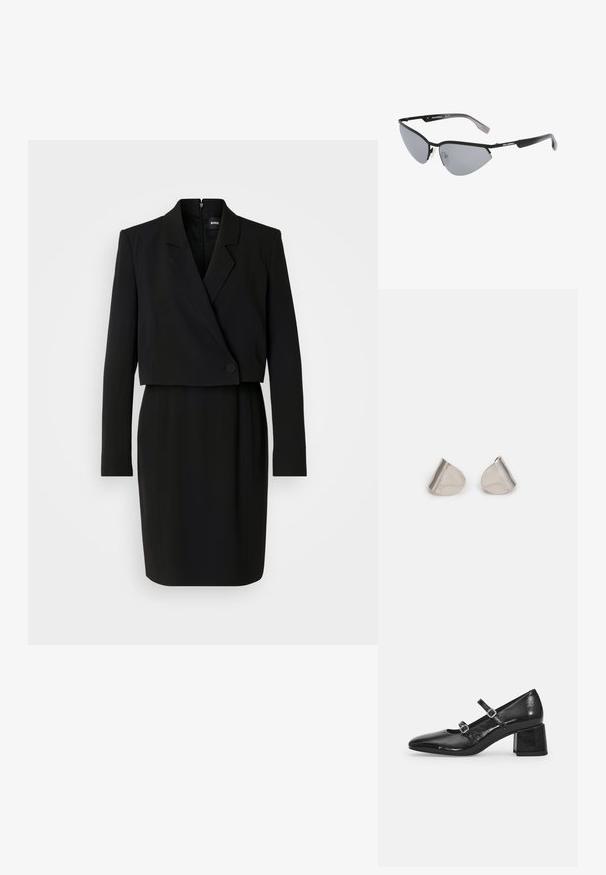 Melnā piegriezuma kokteiļkleita ar pieguļošu siluetu, atlokāmu apkakli, vienu pogu un garām piedurknēm. Gluda auduma tekstūra.; Melnas patenta ādas Mary Jane kurpes ar izteiksmes pirkstu, divām regulējamām siksnām un masīlu blokveida papēdi. Gluda tekstūra un spīdīga apdare.; Melni saulesbrilles ar leņķisku, kaķa acs dizainu. Sudrabaini spoguļojoši objektīvi. Plāni, viegli plastmasas rāmji ar diskrētu zīmola marķējumu uz tempļiem.; Sudraba metāla auskari ar gludu, asarveida formu un pulētu apdari. Smalkas gravējumi pievieno detalizāciju. Minimālisma dizains.