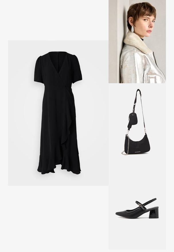 Crna haljina sa omotavanjem od mekog materijala, sa kratkim napućenim rukavima, lepršavim rubom i naboranim detaljem duž prednjeg otvora.; Crne lakirane slingback visoke potpetice s šiljastim vrhom, zaobljenim izrezom i blok potpeticom. Sadrži akcent zlatnog tona s kopčom.; Crna najlon torba za rame s zakrivljenim oblikom, srebrnim lančićem, odvojivom mini torbicom i podesivim remenom; sadrži logotip "Steve Madden".; Srebrna metalik kožna jakna s ovčjim krznom, koja ima zatvaranje na patentni zatvarač i teksturiranu površinu. Velike naušnice u obliku suze s prozirnim draguljima.