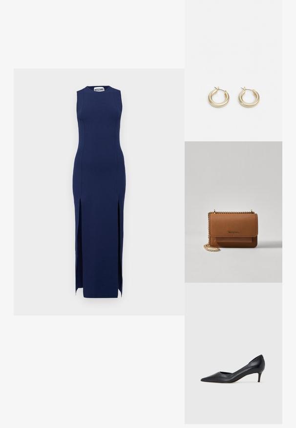 Jūras zils bez piedurknēm tērps ar pieguļošu siluetu, sānu šķelumiem un apaļu kakla izgriezumu, izgatavots no stiept materiāla. Zīmola etiķete redzama pie kakla.; Melna ādas kurpe ar smailu purngalu un zemu papēdi. Raksturota ar gludu tekstūru un smalku spīdumu. Priekša ar atvērtu izgriezumu papildu detaļai.; Brūna teksturēta ādas plecu soma ar zelta ķēdes siksnu un atloka aizdari. Priekšpusē ir logotipa detaļa un kabata zem atloka.; Lauren Ralph Lauren BASIC SMALL HOOP - Auskari - gold-coloured