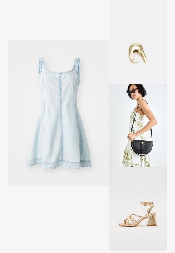 Jasnoniebieska sukienka z dżinsu z dopasowaną górą, szerokimi ramiączkami i rozkloszowanym dołem. Posiada widoczne szwy wzdłuż szwów.; Złote metaliczne sandały na obcasie z paskowym wzorem, kwadratowym słupkiem i regulowanym paskiem na kostkę z klamrą. Gładka faktura.; Czarna skórzana torebka o zakrzywionym kształcie, z odpinanym paskiem i złotymi akcentami. Torebka posiada klapę z zapięciem w kształcie klamry.; Złote metalowe kolczyki o eleganckim, zakrzywionym kształcie. Posiadają charakterystyczny szpiczasty kształt, polerowaną powierzchnię oraz zapięcie na zawias.