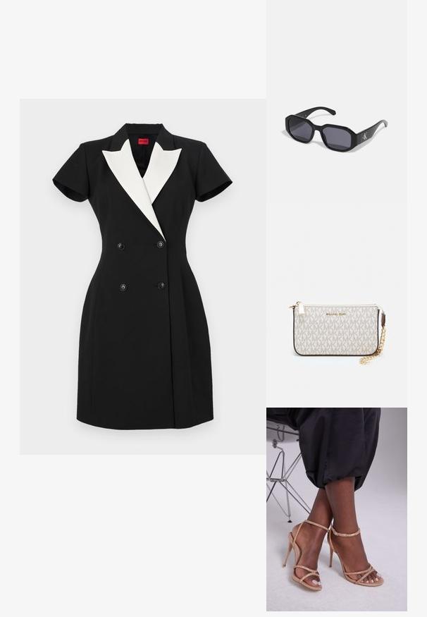 Svart dubbelknäppt klänning med korta ärmar, vita sjalkrage och svarta knappar. Skräddarsydd passform med en strukturerad design.; Beiga klacksandaler med kristalldekorationer, med öppen tå, tunna remmar och en slank silhuett.; Svarta solglasögon med en oktagonal ram, mörka linser, glansigt plastmaterial och en silverfärgad logotypaccent på ena sidan.; Michael Kors handledos i beige belagd kanvas med ett upprepande MK-logomönster, gyllene detaljer och ett avtagbart kedjehandtag.; Guldmetallörhängen med en vågig design; slät, reflekterande yta; asymmetrisk form; inga synliga mönster eller hårdvara.