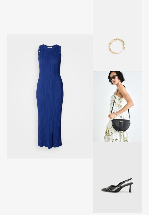 Abito maxi senza maniche in tessuto a costine, colore blu brillante, presenta dettagli in metallo sulle spalline e orlo svasato.; Scarpa slingback in vernice nera con punta affusolata, cinturini alla caviglia con fibbie in argento e accessori, e tacco sottile.; Borsa a tracolla nera in pelle con una forma curva, manico rimovibile e accessori dorati. La borsa presenta una patta con un dettaglio a fibbia.; Anello in tono oro con un design organico e Twisted, caratterizzato da una superficie liscia e punte affusolate, che crea un aspetto moderno e scultoreo.
