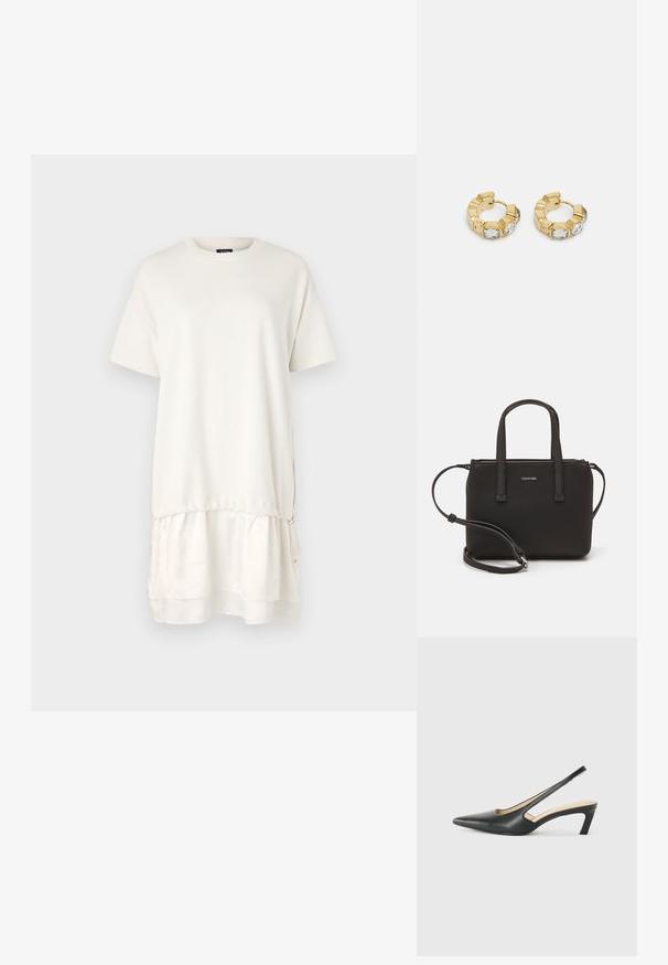 Lyhythihainen, kermafarben mekko, jossa on kerroksellinen helma ja elastinen kiristys vyötäröllä, valmistettu pehmeästä kankaasta, jolla on sileä pinta.; Musta, kärjeltään terävä slingback-kengä, jossa on matala korko. Kengässä on sileä nahkamateriaali ja sivuilla leikkaukset hengittävyyttä varten.; Musta käsilaukku, jossa on kaksinkertaiset lyhyet kahvat ja irrotettava olkahihna. Silkkinen nahkatunneinen materiaali, jossa on vetoketjukiinnitys ja logoyksityiskohta.; Kultaiset ympyräkorvakorut, joissa on tekstiurakuviointi ja kolme kirkasta kristallikoristetta yhdellä puolella, tarjoavat modernin geometrisen estetiikan.