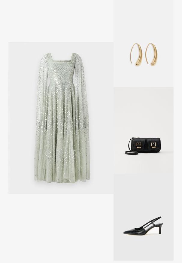 Dlhé, pastelovo zelené šaty s obdĺžnikovým výstrihom, dlhými priesvitnými rukávmi a strihom fit-and-flare zdobené striebornými flitrami po celom povrchu.; Čierne patentové slingback topánky na ihlovom podpätku s špicatou špičkou, s textúrovaným hadím vzorom, nastaviteľným popruhom a krátkym, textúrovaným blokovým podpätkom.; Čierna kožená crossbody taška s dvoma prednými vreckami, zlatými sponami, zipsovým uzatváraním a úzkym popruhom. Štruktúrovaný povrch a kompaktný obdĺžnikový tvar.; Náušnice vo forme zlatých kovových kruhov s zakriveným, predĺženým tvarom. Majú hladký, lesklý povrch a zaoblený koniec pre pridanie detailu.