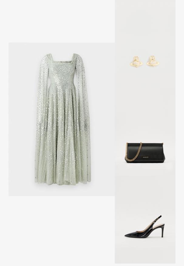 Long, pastel green dress featuring a square neckline, long sheer sleeves, and a fit-and-flare design adorned with silver sequins throughout.; Black patent leather slingback pump with pointed toe, slim heel, and a subtle cutout design. Features a gold buckle on the strap.; Black leather clutch bag with a gold chain strap, featuring a smooth texture, rectangular shape, and embossed branding on the front.; Gold-tone stud earrings featuring a Saturn design with a textured band and embedded circular crystals for added sparkle.