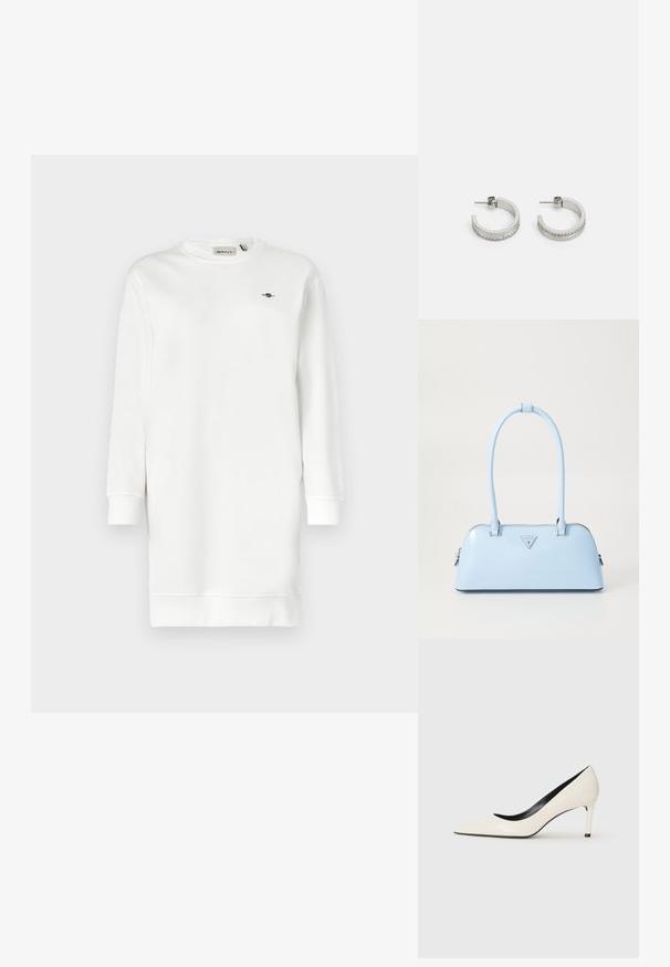Biała sukienka-sweterek wykonana z mieszanki bawełny, z długimi rękawami, prążkowanymi mankietami i małym haftowanym logo na piersi.; Białe lakierowane szpilki z wydłużonym noskiem, smukłym obcasem i czarnym wnętrzem. Gładka faktura i elegancki design.; Jasnoniebieska torebka o sztywnym kształcie, wykonana z gładkiej skóry, z dwoma uchwytami i trójkątnym logo marki z przodu. Zamek błyskawiczny.; Srebrne kolczyki w formie kółek, z gładką powierzchnią i rzędem małych przezroczystych kamieni wzdłuż dolnej krawędzi, z zapięciem na sztyft.