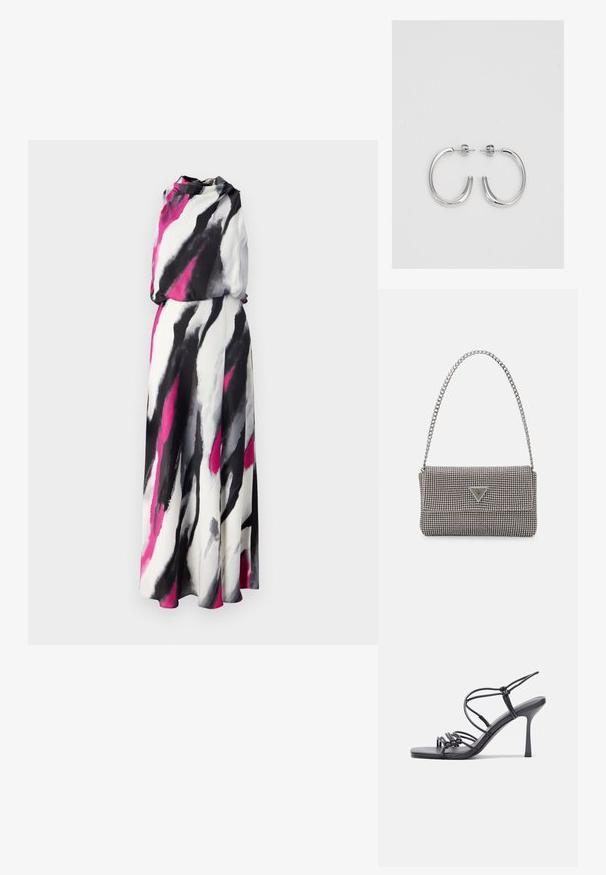 Maxi šaty z ľahkej tkaniny s voľným strihom a abstraktnými vzormi v čiernej, bielej a ružovej farbe. Bez rukávov, s vysokým výstrihom.; Čierne sandále na vysokom podpätku majú tenké remienky s uzlovým dizajnom, hladký štvorcový špičku a elegantný stiletto podpätok.; Svetlošedá metalická kabelka s reťazovým popruhom, ozdobená malými kruhovými kovovými štítkami a trojuholníkovým logom značky.; Strieborné kruhové náušnice s hladkým a lesklým povrchom. Okrúhly tvar, ľahký dizajn, s uzáverom na kolík.