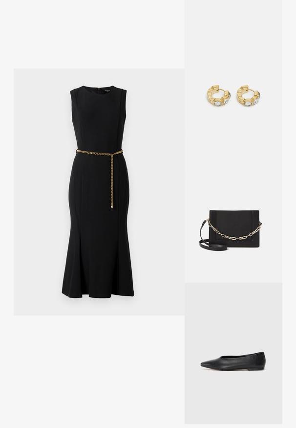 Vestido midi preto sem mangas com um torso ajustado e barra ampla, realçado por um cinto fino em corrente dourada amarrado à frente.; Bailarina de couro preto, bico fino, design minimalista, textura suave, salto baixo, sem hardware ou embelezamentos visíveis.; Bolsa crossbody de couro preto com uma textura suave, forma retangular e um detalhe em corrente metálica na frente. Inclui uma alça ajustável.; Brincos de argola dourados com um design texturizado e três cristais transparentes em um lado, oferecendo uma estética geométrica moderna.