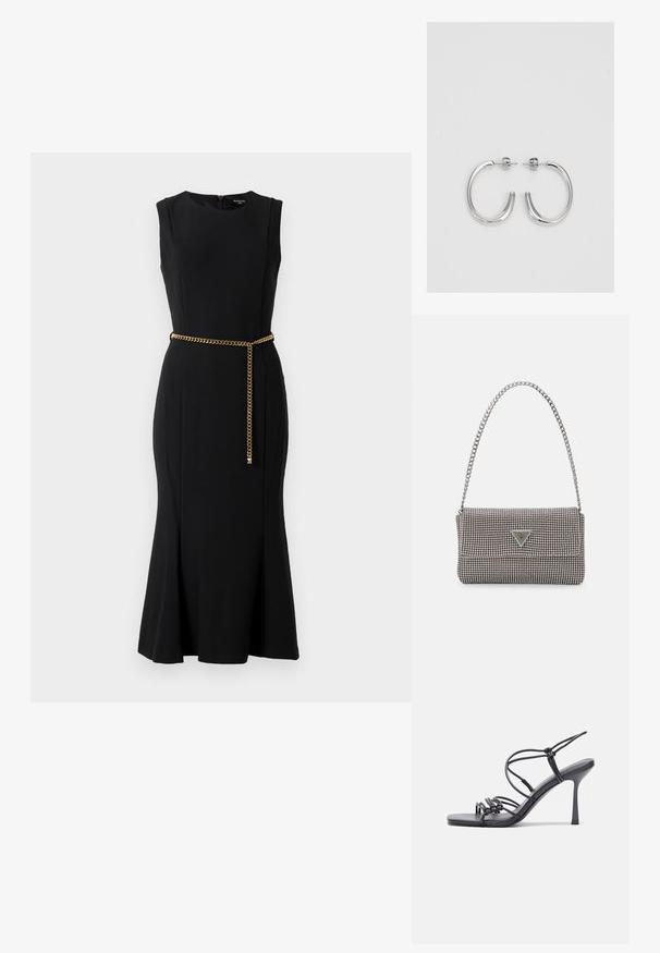 Rochie midi neagră fără mâneci, cu talie ajustată și tiv evazat, accentuată de un curea subțire din aur legată în față.; Sandale negre cu toc înalt au curele subțiri cu un design legat, un vârf pătrat neted și un toc stiletto elegant.; Geantă metalică gri deschis, cu un strap din lanț, decorată cu mici ținte circulare metalice și un logo de marcă triangular.; Cercei rotunzi din argint cu un finisaj neted și strălucitor. Design ușor, având o formă rotundă și închidere cu tijă.