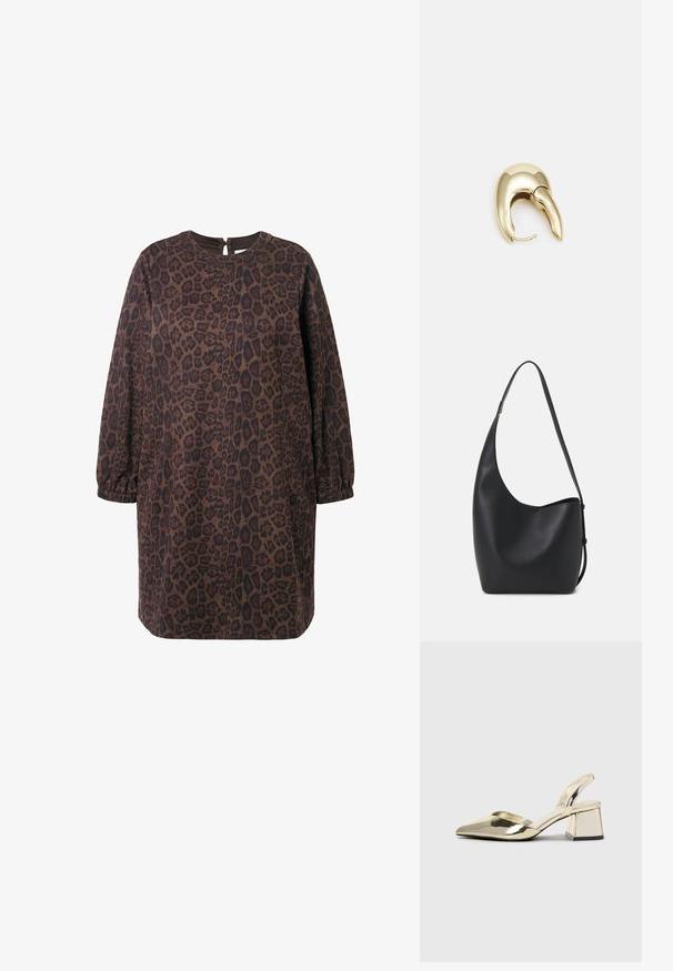 Brązowa sukienka w leopardzie wzory, uszyta z miękkiego materiału, posiadająca długie rękawy, okrągły dekolt oraz detal w postaci otworu na plecach.; Złote, metaliczne szpilki z boku z wydłużonym noskiem i grubym obcasem. Gładka faktura, minimalistyczny design i wąski pasek.; Czarna skórzana torba hobo o gładkiej fakturze, zaokrąglonym kształcie i pojedynczym, regulowanym pasku; posiada szerokie otwarcie na górze.; Złote metalowe kolczyki o eleganckim, zakrzywionym kształcie. Posiadają charakterystyczny szpiczasty kształt, polerowaną powierzchnię oraz zapięcie na zawias.