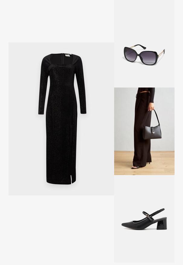 Μαύρο φόρεμα με μακριά μανίκια και τετράγωνη λαιμόκοψη, από υφαντό ύφασμα και με πλαϊνό άνοιγμα. Διαθέτει στενή μέση και υπότυπη λάμψη.; Μαύρα παπούτσια γοβάκια από πατενταρισμένο δέρμα με γωνιαστό μπροστινό μέρος, στρογγυλή κοπή και τετράγωνο τακούνι. Διαθέτουν μια χρυσή αγκράφα ως διακοσμητικό στοιχείο.; Μαύρα υπερμεγέθη γυαλιά ηλίου με κλειστή βαθμίδα φακού, παχιά σκελέτη και λεπτομέρειες από χρυσή αλυσίδα στις βραχίονες του σκελετού.; Μαύρη τσάντα χειρός με δομημένο σχήμα, λεία υφή και μεταλλικό κούμπωμα. Συνδυασμένη με φαρδιά μαύρα παντελόνια και σανδάλια ανοιχτής μύτης πάνω σε ξύλινο πάτωμα.