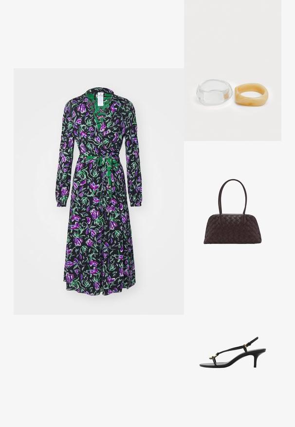 Diane von Furstenberg PHOENIX REVERSIBLE DRESS - Rochie de zi - green; Sandal cu toc kitten din piele neagră, cu curele subțiri, cataramă aurie și buclă minimalistă pentru degetele de la picioare, pe un fundal alb.; Geantă din piele maro țesută, cu formă rotunjită, mânere superioare duble și textură netedă; include cusături subtile pentru detalii de design.; Inele din rășină clară și chihlimbar, unul neted și transparent, iar celălalt cu o finisare texturată, de chihlimbar. Ambele au un design rotund și suculent.