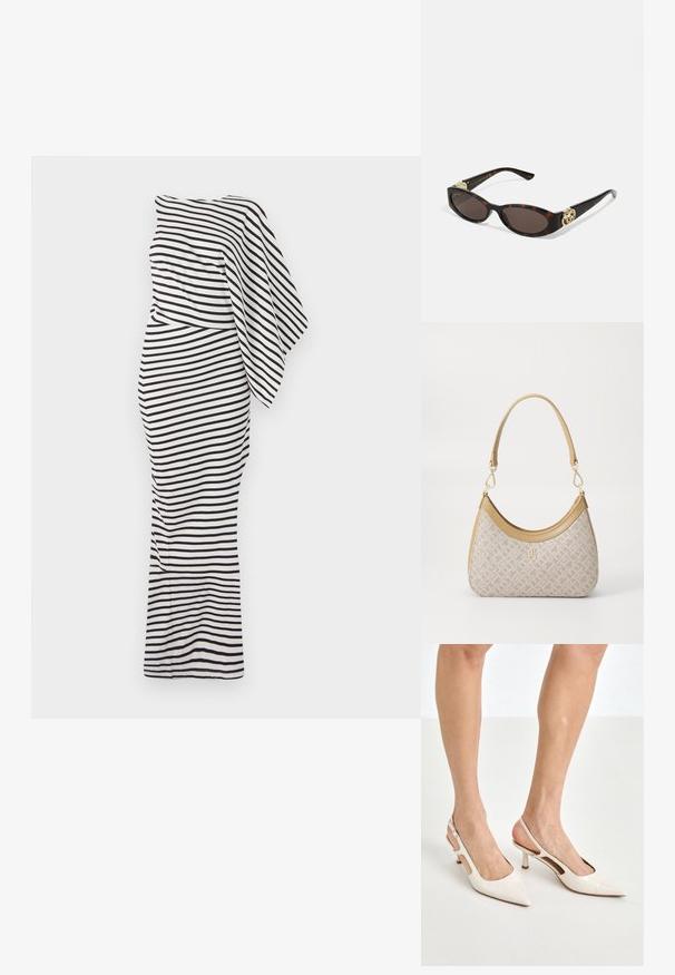 Schwarz-weiß gestreiftes Kleid mit einem Schulterdesign, figurbetonter Silhouette und einem fließenden Stofftextur. Es hat eine lange Länge.; Beige Lackleder Slingback-Absätze mit spitzem Fuß und 5 cm Absatz, mit ausgeschnittenen Seiten und einem schmalen Knöchelriemen.; Schildpatt-Sonnenbrille mit länglich-ovalen Gläsern, braunem Farbton, goldenen Logo-Akzenten an den Bügeln und schlanken schwarzen Bügeln.; Beige gemusterte Handtasche mit geschwungener Form, Lederakzenten und einem goldfarbenen Logo auf der Vorderseite. Verfügt über einen kurzen Griff für einfaches Tragen.; Perlen- und Kristallhalskette mit einem runden, perlenbesetzten Design in sanften Farbtönen, das abwechselnd Perlen und funkelnde Akzente zeigt, um den Hals getragen.