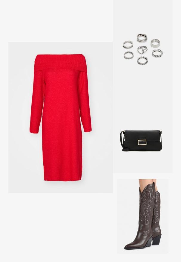 Raudona megzta suknelė be pečių, ilgomis rankovėmis, su lansireta apykakle ir tiesia silueta. Minkšta tekstūra ir iki kelių.; Rudos odinės kaubojaus batai su smailiu priekiu ir blokuotu kulnu, pasižymintys detaliu siuvinėjimu ir iškiliais akcentais ant ašies.; Juodas odinis dėkliukas su atvarteliu ir auksinės metalinės sagties detalėmis. Įeina juodas diržas ir elegantiškas, minimalistinis dizainas.; Septyni sidabriniai žiedai, nusprendti įvairiais dizainais, įskaitant susuktus, susietus ir raižytus raštus. Skirtingos formos ir pločiai.