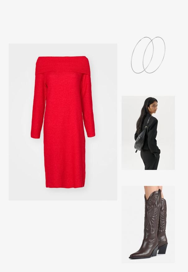 Punainen olkaimeton neulemekko pitkillä hihoilla, jossa on rubrici pääntie ja suora siluetti. Pehmeä rakenne ja polvipitkä.; Ruske nahkasaappaat, joissa on terävä kärki ja laatikkokorko, varustettu yksityiskohtaisella ompelulla ja kohotetuilla yksityiskohdilla varsiosassa.; Nainen, jolla on pitkä tumma hius, pukeutuneena mustaan pukuun, kantaa mustaa nahkatoimistolaukku ja katsoo yli olkansa valkoista taustaa vasten.; Hopehope hopeilla, joissa on minimalistinen muotoilu. Pyöreä muoto, sileä pinta ja ohut profiili. Kevyet ja kiillotetut.