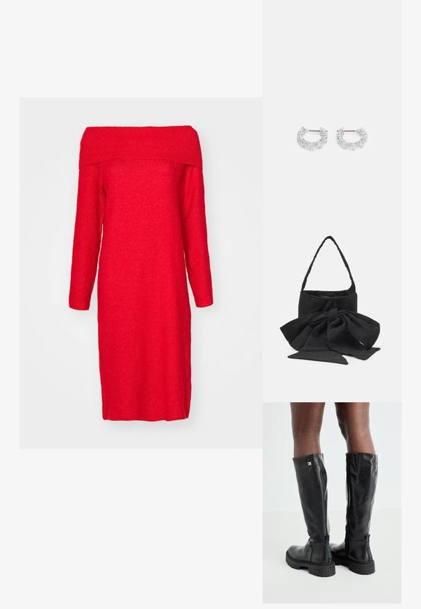 Piros, vállra csúsztatott, kötött ruha hosszú ujjakkal, bordás dekoltázzsal és egyenes szabással. Puha tapintású, térdchina érő hosszúságú.; Fekete, térd fölé érő bőr csizmák sima textúrával, lekerekített orral, vastag talppal és cipzáras záródással. Ezüst színű logó található az oldalon.; Fekete szövet kézitáska, amelyet megkötött masni díszít, kerek formájú, texturált felülete apró mintákkal, és egyetlen, vékony fogantyúval rendelkezik.; Ezüst karika fülbevalók, átlátszó, téglalap és háromszög alakú kristályokkal, mintás elrendezésben. Biztonságos rögzítést biztosító fülbevaló pálcikák.