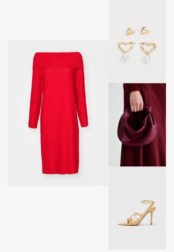 Rød strikkekjole med avtakbare skuldre og lange ermer, med ribbestrikket halslinning og rett silhuett. Myk tekstur og knelengde.; Gyldne remsandaler med høye hæler, spiss tå, metallisk finish, slank ankelrem og strukturert hæl. Elegang design med minimale accenter.; Bordeaux lærhåndveske med et mykt, samlet design og avrundet form. Håndtaket er festet, og viser en glatt tekstur.; Gullfargede hjerteformede øredobber med en teksturert finish, som har en hengende perleaccent. Inkluderer matchende hjerte-stud øredobber.