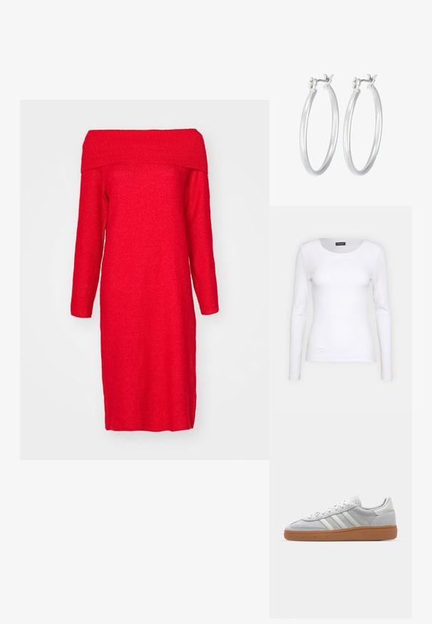 Rde obleke brez naramnic iz pletenine z dolgimi rokavi, z ribanim ovratnikom in ravno silhueto. Mehka tekstura in dolžina do kolen.; Bela rebrasta majica z dolgimi rokavi in okruglim izrezom. Narejena iz elastičnega materiala, ki se prilega telesu. Značilen je diskreten horizontalni potisk.; Svjetlo sivi suedesni sportski cipeli s bijelim kožnim naglascima, tri bijele pruge i smeđi gumeni potplat, s podstavljenim ovratnikom za udobnost.; Srebrni obroči za ušesa z gladko, polirano površino. Okrogla oblika in varna zaponka s klikom. Lahka zasnova, primerna za vsakodnevno nošenje.
