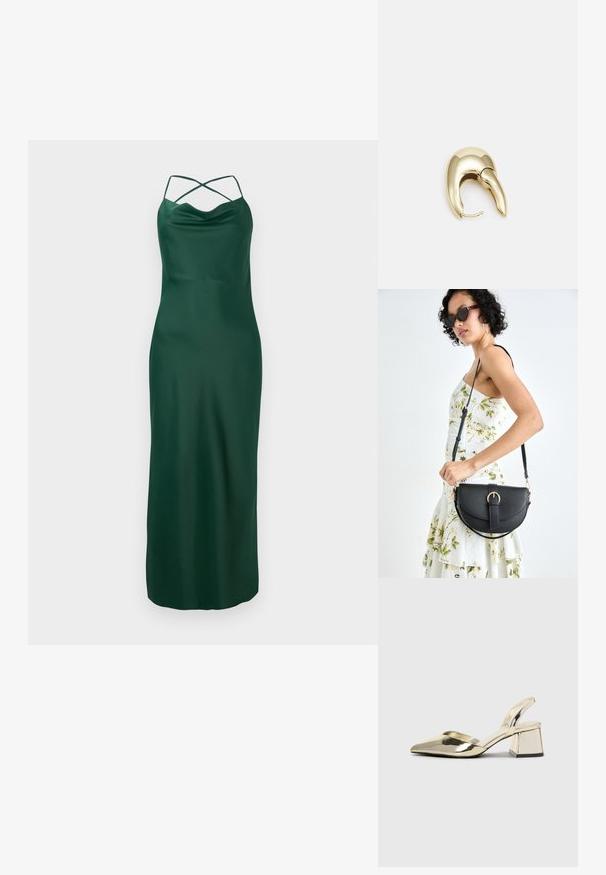 Dolg zeleno satenasto obleko s pokrito vrhom, tankimi naramnicami in križnim dizajnom na hrbtu. Gladka tekstura in oprijet silhueta do roba.; Zlati, kovinski slingback čeveljci z ostrim nosom in masivnim peto. Gladka tekstura, minimalistična zasnova in ozka zanka.; Črna usnjena torbica s ukrivljeno obliko, z odstranljivo naramnico in zlatimi dodatki. Torbica ima pokrov s podrobnostmi v obliki zaponke.; Uhane nakit iz zlatastega tona z gladko, ukrivljeno zasnovo. Ima edinstveno koničasto obliko, polirano površino in zaponko s tečajem.